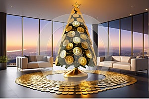 Unbelievable illustration of Christmas tree made up of bitcoin, Trading concept art