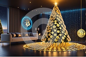 Unbelievable illustration of Christmas tree made up of bitcoin, Trading concept art