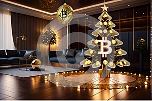 Unbelievable illustration of Christmas tree made up of bitcoin, Trading concept art