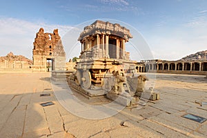 Unbelievable Stone chariot in Hampi Vittala Temple at sunset, india