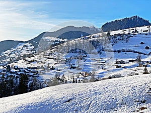 Unbelievably beautiful winter atmosphere on the pastures and hills of the Swiss Alps in the Obertoggenburg region, Unterwasser