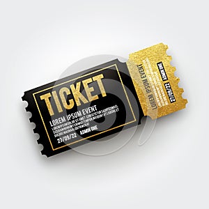 Vector ticket for Cinema, theater, concert, movie, performance, party, event festival. Realistic black and gold vip ticket templat