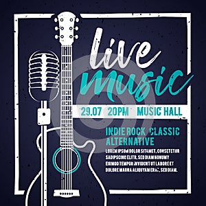 Vector illutration banner with an acoustic guitar and a microphone for concert, live music and party photo