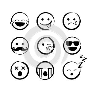 Vector illustration hand drawn ink emojis faces. Doddle emoticons sketch with differrent emotions. photo