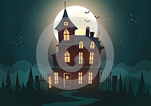 Vector Illustration Hunted Halloween House By Night photo