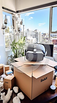 Unboxing the Future: Virtual Reality Headset on Marble Countertop
