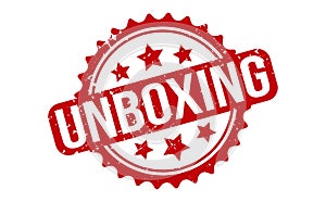 Unboxing Rubber Stamp. Red Unboxing Rubber Grunge Stamp Seal Vector Illustration - Vector