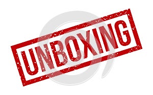 Unboxing Rubber Stamp. Red Unboxing Rubber Grunge Stamp Seal Vector Illustration - Vector