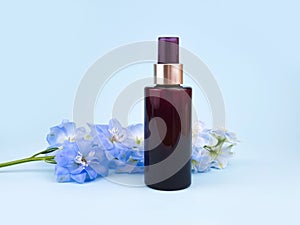 Unbranded brown cosmetic spray bottle and blue Delphinium flower on blue background. Skincare beauty and liquid antibacterial