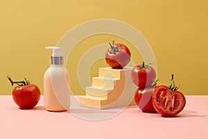 Unbranded cosmetic pump bottle decorated with fresh tomatoes and a staircase
