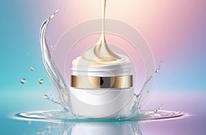 unbranded cream can, splashes of water on colorful background. cosmetics product advertising mockup