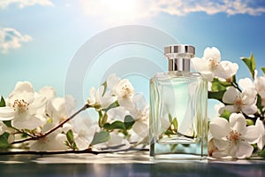 an unbranded eau de jasmine bottle with white flowers in the background