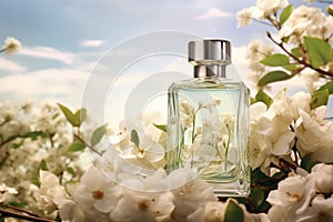 an unbranded eau de jasmine bottle with white flowers in the background