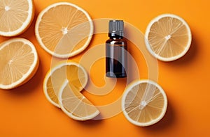 unbranded essence oil bottle with orange slices, top view. aromatherapy, naturopathy composition