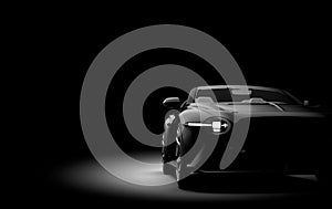 Unbranded generic black sport car isolated on a dark background. 3d illustration