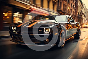 Unbranded muscle car races along a city road with motion blur