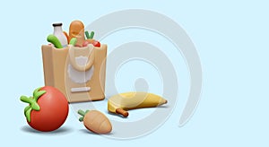 Unbranded shopping bag with food, 3D fruits, vegetables. Advertising banner