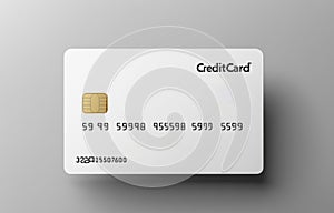 Unbranded white credit card mockup, grey surface, minimalist design, embossed sample digits, name field, suitable for brand