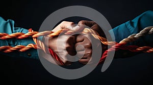 The Unbreakable Bond: Human Hands Gripping a Strong Rope. Generative ai