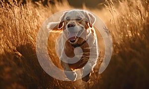 Unbridled Happiness Photo of Labrador Retriever running through a field of tall grass tongue lolling in pure joy. image is bathed