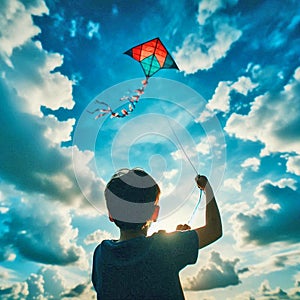 Unbridled joy, a kid with colorful kite, outdoor, daylight photo