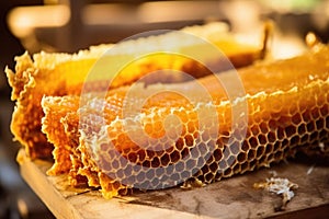uncapped honeycomb ready for extraction against wood
