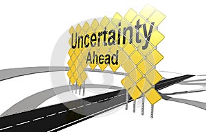 Uncertainty ahead word on giant yellow road signs