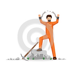 Unchained prisoner flat vector illustration. Man in orange prison uniform, hard labourer, rioting, conquering freedom