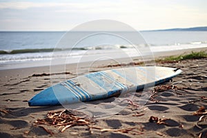 an unclaimed surfboard lying by the seaside