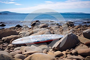 an unclaimed surfboard lying by the seaside