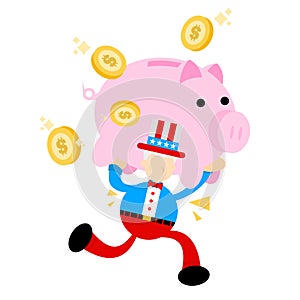 Uncle sam america man pick pig bank money dollar economy cartoon doodle flat design vector illustration