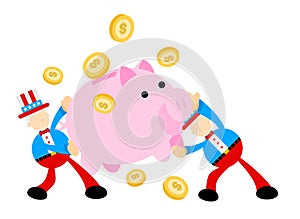 Uncle sam america man pick pig bank money dollar economy cartoon doodle flat design vector illustration