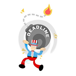 Uncle sam America man worker run for time bomb deadline cartoon doodle vector illustration flat design