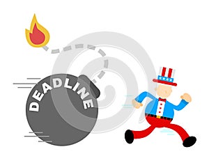 Uncle sam America man worker run for time bomb deadline cartoon doodle vector illustration flat design