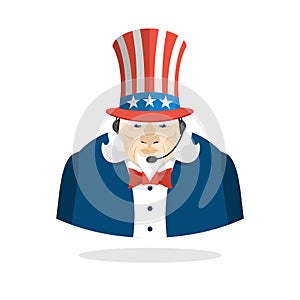 Uncle Sam call center. Uncle Sam and headset. Symbol of America