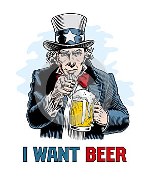 Uncle Sam holding beer mug and pointing. Funny retro comic style vector illustration.