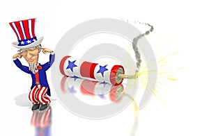 Uncle Sam plugs ears with firecracker