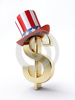 Uncle Sam`s hat on dollar sign over white background