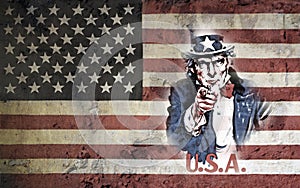 Uncle Sam Set Against The American Flag. photo