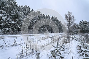 Uncleaned winter road after snowfall