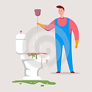 Unclog a toilet vector cartoon illustration