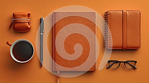 an uncluttered desk, featuring a neatly arranged pen, book, spectacles, and coffee on the side against a light