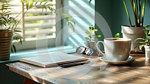 an uncluttered desk, featuring a neatly arranged pen, book, spectacles, and coffee on the side against a light