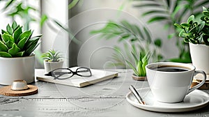 an uncluttered desk, featuring a neatly arranged pen, book, spectacles, and coffee on the side against a light