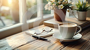 an uncluttered desk, featuring a neatly arranged pen, book, spectacles, and coffee on the side against a light