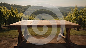 Uncluttered wooden table for showcasing products, with a scenic French vineyard in the background