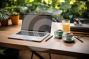 Uncluttered workspace laptop, coffee cup, notebook, houseplant, wooden table