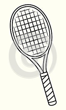 Uncolored Tennis racket line art illustration. Sports equipment icon isolated on white background. For coloring book or page
