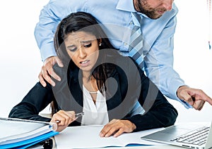 Sexual harassment at work. Disgusted employee being molested by her boss