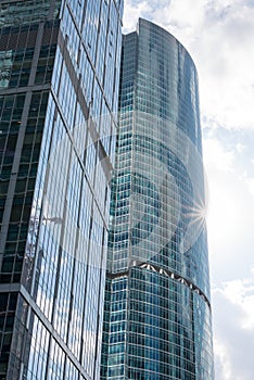 Uncommon building on blue sky, side view